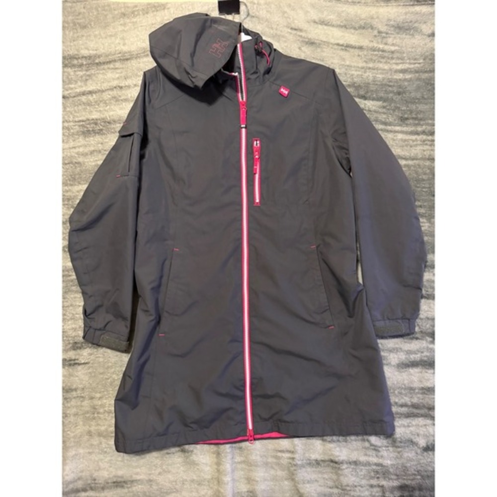 Helly Hansen Womens Longline Rain‎ Jacket Grey Pink Hooded Parka Coat Size S